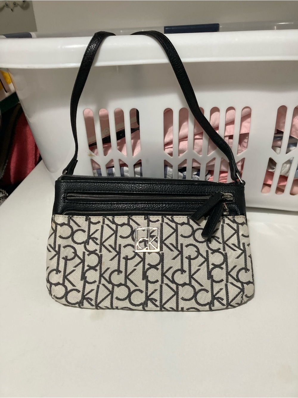 Calvin Klein Black & Cream Signature Wristlet Clutch